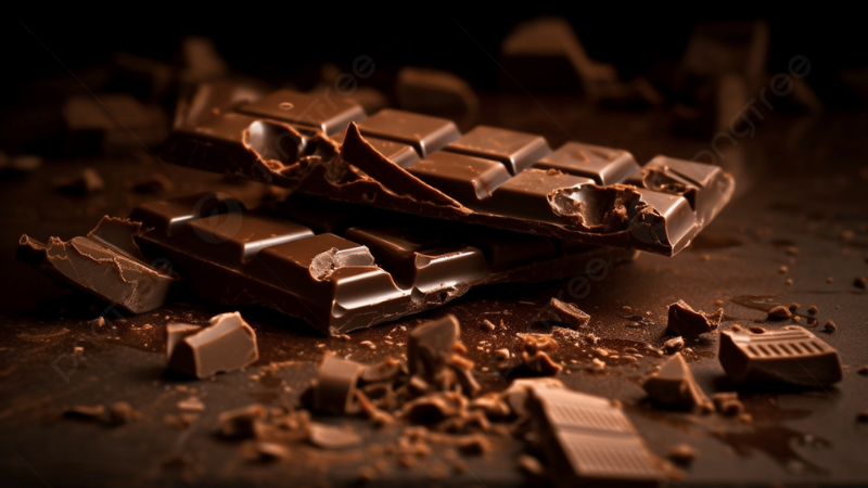 A dark chocolate bar broken into pieces on a table.